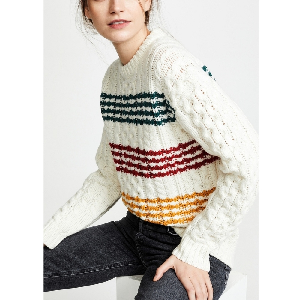 Rag & Bone Mindy Cable Knit Striped Lambswool Fine Merino Wool Crew Neck…
